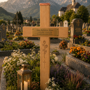 Holzgrabmal Holzkreuz Bergblick