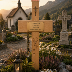 Holzgrabmal Holzkreuz Morgenlicht